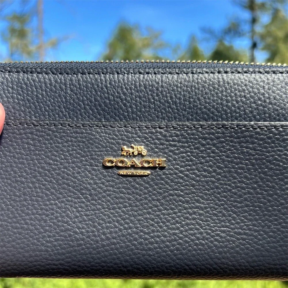 COACH Long Zip-Around Wallet Navy Blue Pebble Leather Wallet Gold Hardware